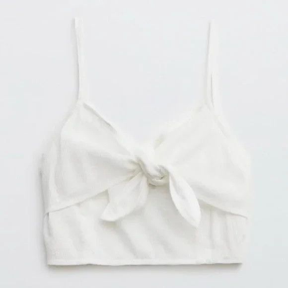 Aerie XL Tie Front Cropped Tank Top White Smocked Sleeveless V-Neck NWT - Picture 1 of 11